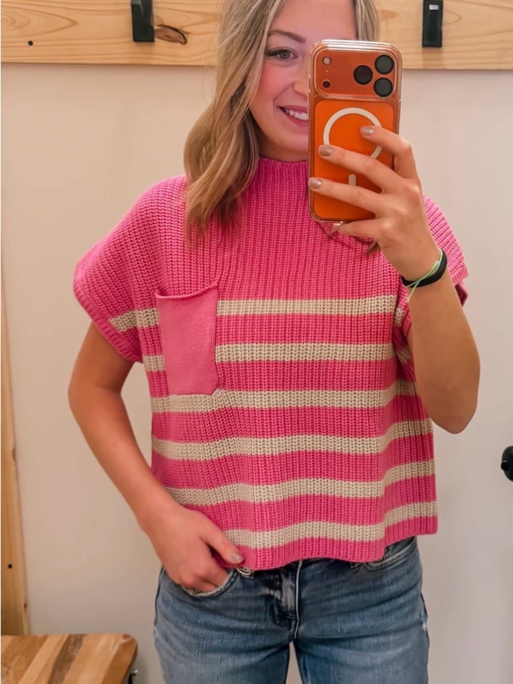 Striped Pink Short-Sleeve Knit Top